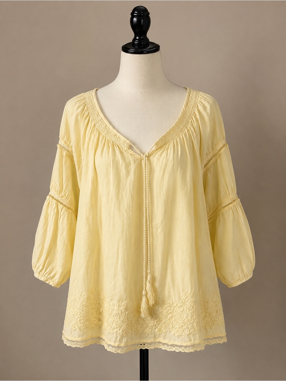 Yellow Boho Peasant Blouse Lace Embroidered Bell Sleeve Top Size L
